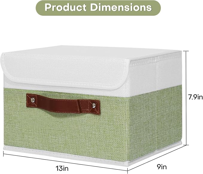 ANMINY Fabric Storage Box Bins with Lids, Green White, 13"x9"x7.9" | Keepsake Memory Storage, Cotton Linen, PP Board Reinforced, Washable, PU Handles, Foldable & Stackable, Decorative, Medium