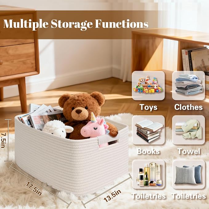 2 Pack Large Storage Basket for Organizing, 17.5"x13"x7" Woven Basket for Shelves, Closet Cube Storage Bins with Wrapped Handle, Cotton Rope Baskets for Kitchen, Clothes, Toys(Off White)