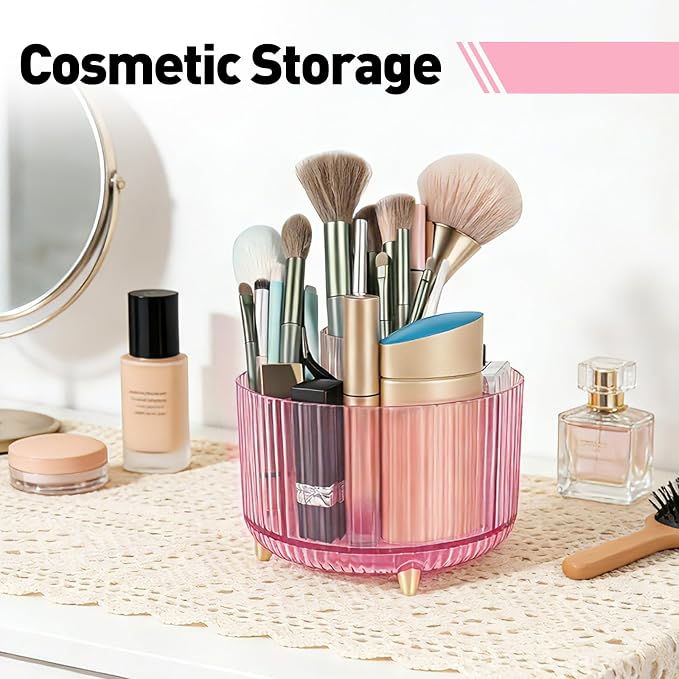 360 Rotating Pen Pencil Holder for Desk, Pen Organizer with 5 Slots | Makeup Brush Holder, Desk Organizer and Accessories, Cute Pencil Cup Caddy for Office School Home Decor Art Supply (Pink)