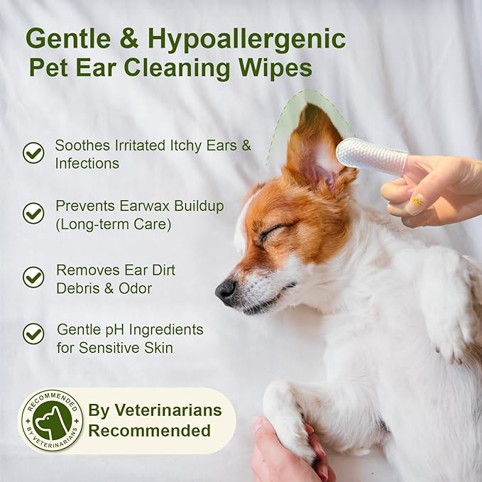 Dog Ear Finger Wipes for Dogs & Cats, Thicker Dog Ear Cat Ear Cleaner Wipes, Dog Ear Infection Relief to Relieve Ear Itching, Remove Ear Wax, Dirt, Smelly - Fresh Green Tea Scent