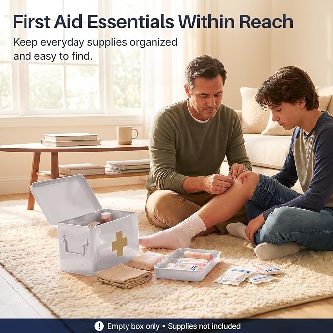 Flexzion Large Metal First Aid Box Empty, 13-Inch, White with Gold Cross | Vintage Medicine Box and First Aid Storage Organizer with Removable Tray and Dividers; Empty Box Only, Supplies Not Included