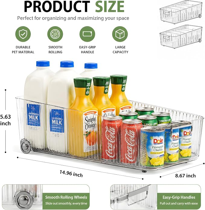 2 Pack Fridge Organizer Bins with Wheels, Clear Roll Out Refrigerator Drawers with Adjustable Dividers and Handles, PET Pantry Storage Bins for Drinks, Snacks, Cans and Cabinet
