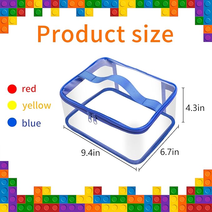 6 Packs Clear Toy Storage Bag, Waterproof PVC Toy Organized Bag with Zipper | 9"x 7"x 4" Transparent Toy Storage Organizer Pouch for Building Blocks Small Toys (Red, Blue, Yellow)