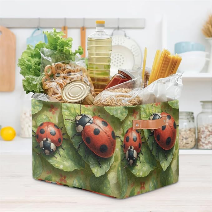 Green Leaf Ladybugs Storage Boxes Theme Storage Nursery Baskets with Handle Closet Collapsible Organizer Shelf Bins for Book Cloth 15 X 11 X 9.5 IN