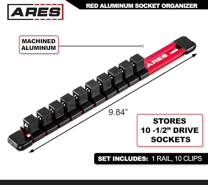 ARES 70342 1/2-Inch Drive Aluminum Socket Organizer | Store up to 10 Sockets and Keep Your Tool Box Organized; Sockets Will Not Fall Off this Rail