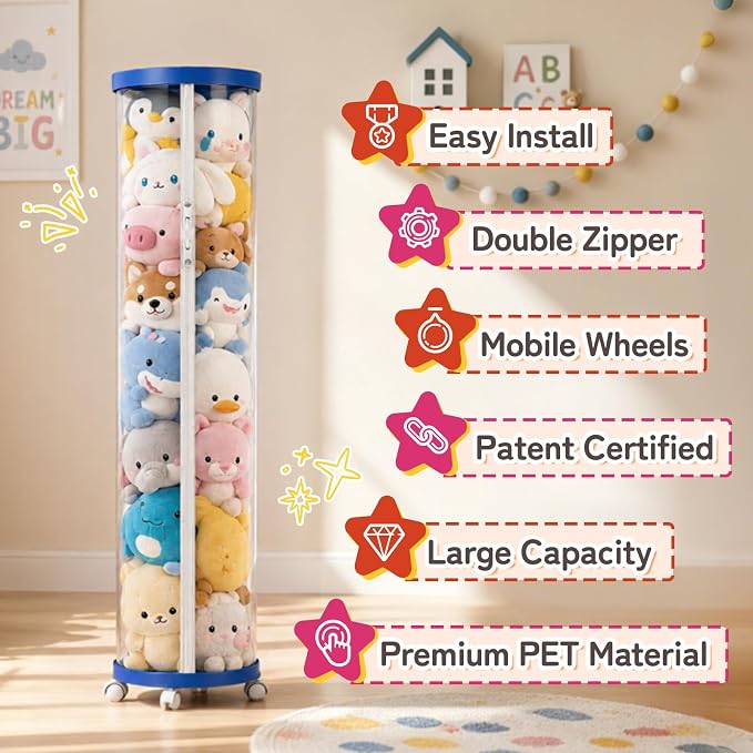 rge Stuffed Animal Storage Tube with Wheels, Tall Toy Organizer with Double Zipper, WhiteClear PET Cylinder Container for Plush Toy Organization, Space Saving Kids Room Storage,Blue