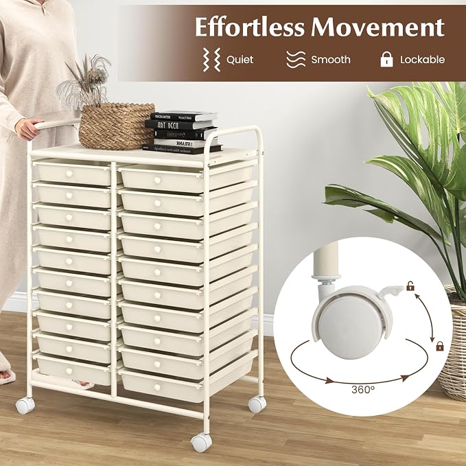 20 Drawer Rolling Storage Cart, Art Cart Organizer with Wheels for Makeup, Tool, Paper, Multipurpose Craft Storage Cart with Drawers for Office, Home, Classroom, School (White)