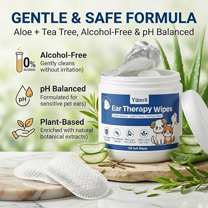 Dog Ear Wipes - 150 Count Finger Ear Cleaner for Dogs and Cats, Alcohol Free Plant Based Ear Cleaning, Remove Wax Dirt Odor