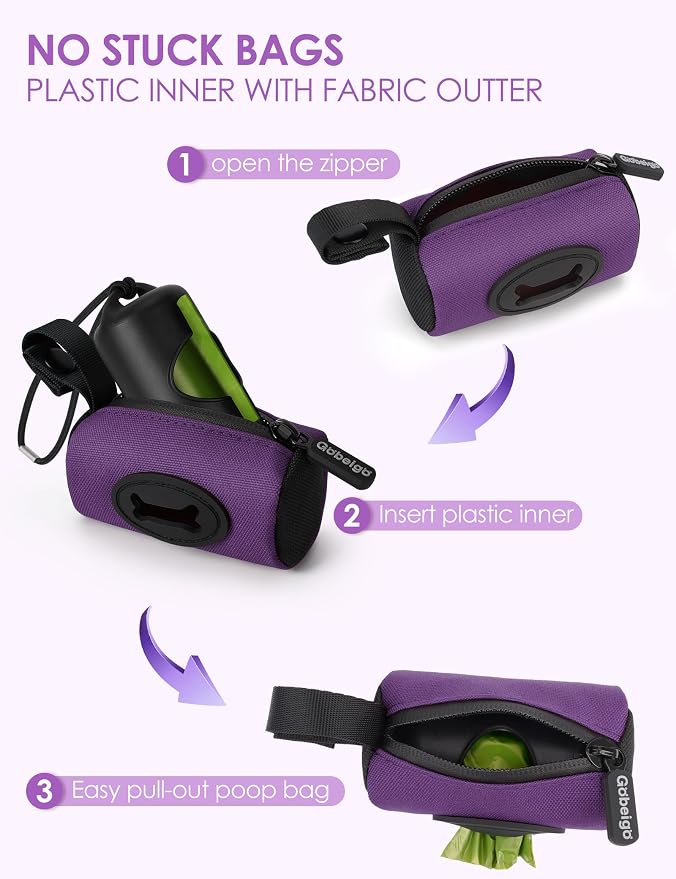 Gobeigo 2-in-1 Dog Poop Bag Holder【Easy Pull-Out Version】(Purple) | Hard Plastic Insert & Soft Fabric Bag Snap-On Strap Dispenser Fits Retractable and Standard Leashes with 1 Roll Bags