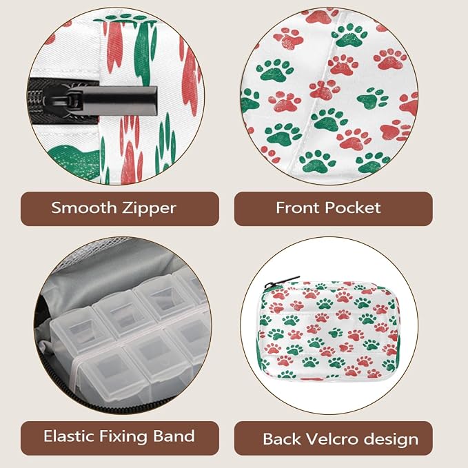 Weekly Pill Organizer Travel Size Bag with Removable 7 Day Pill Box Portable Vitamin Case Purse with Zipper,Red Green Pet Paws White