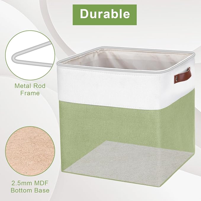 Bagnizer 13x13 Cube Storage Bins, Collapsible Fabric Storage Box, 4 Pack Closet Baskets with Handles for Organizing, Shelf, Toys, Clothes, Home, Office, Nursery (Green&White)