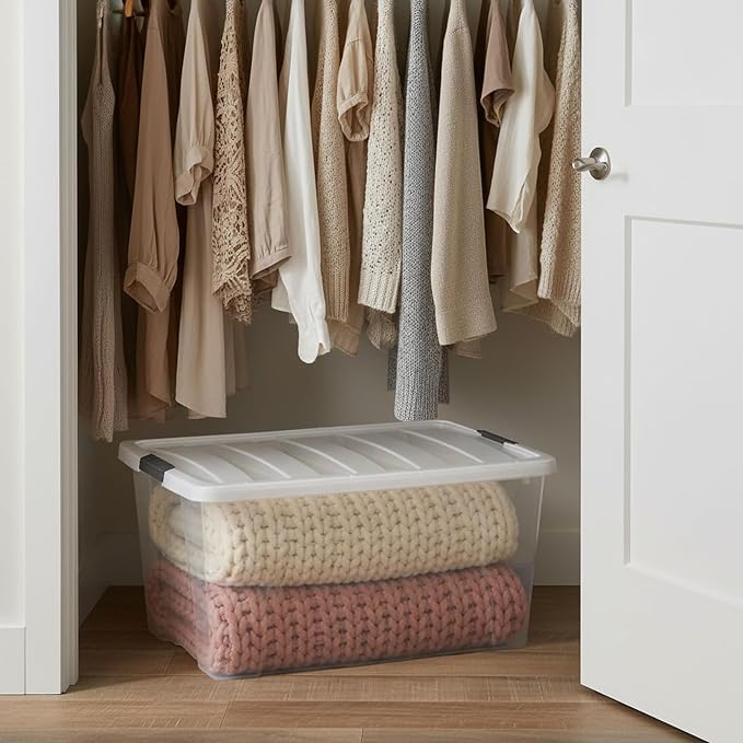 IRIS USA 94 Qt Storage Bins with Lids, 8 Pack, BPA-Free, Clear/White | Perfect for holiday decorations, bulky storage, camping gear, large household items, and long-term organization.