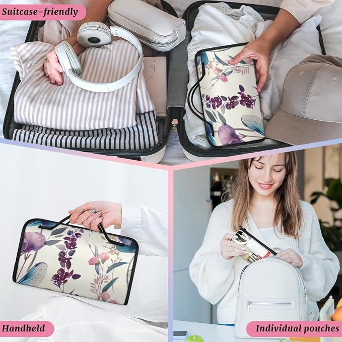 Dragonflies Flower Makeup Bag for Women Hanging Roll-Up Travel Organizer Toiletry Kit with 4 Removable Compartments, Dragonfly Floral
