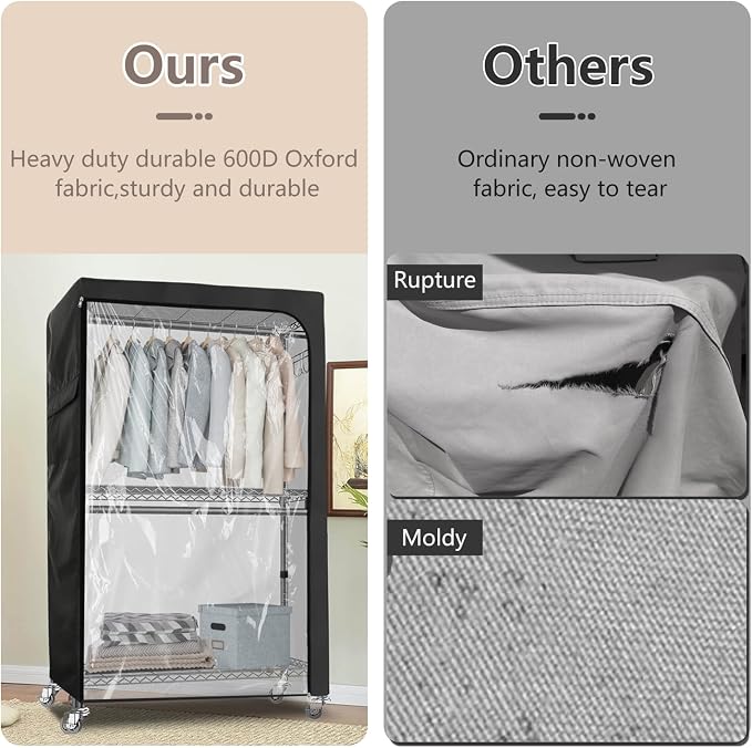 Rileytee Garment Rack Cover,600D Heavy Duty Waterproof Clothing Rack Cover,Clothes Rack Cover with Zipper for Metal Garment Rack（Clear Front,47.2"W x 17.7"D x 80.7"H,Cover Only)