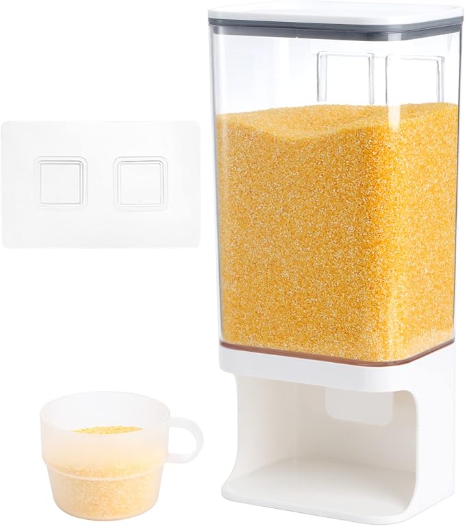 AVLA Rice Dispenser, Wall-Mounted Laundry Detergent Container, Cereal Dry Food Storage Bucket with Measuring Cup, Kitchen Grain Organizer with Lid, BPA-Free, for Beans, Laundry Scent Bead, Pet Food