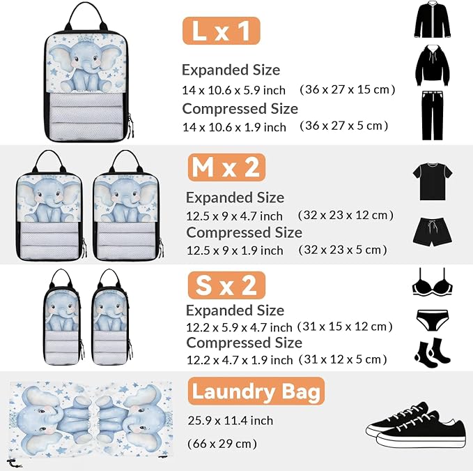 Elephant 6 Set Compression Packing Cubes Blue Elephant Expandable Packing Organizer for Travel Accessories Luggage Suitcase Bag