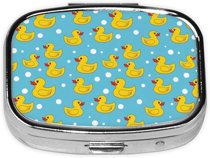 Metal Pill Box AM/PM Compartments Small Medicine Organizer Supplements Case Travel Essential, Yellow Rubber Duck Print