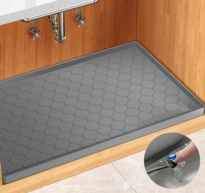 Winisok Waterproof Under Sink Mat 37" x 19", Silicone Mat, Dark Gray | Raised Edge Traps Spills & Leaks, Shelf Liner, Cabinet Protector, for Kitchen, Bathroom, Boots, Pets, Home Essentials