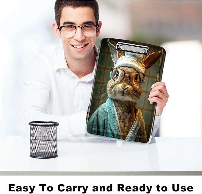 A4 Clipboard with Storage Pen Holder, Clipboards Organizer Nursing Clipboard Foldable File Folder Plastic Clipboard Folio Clip Board for Office Work Classroom Doctor, Glasses Rabbit
