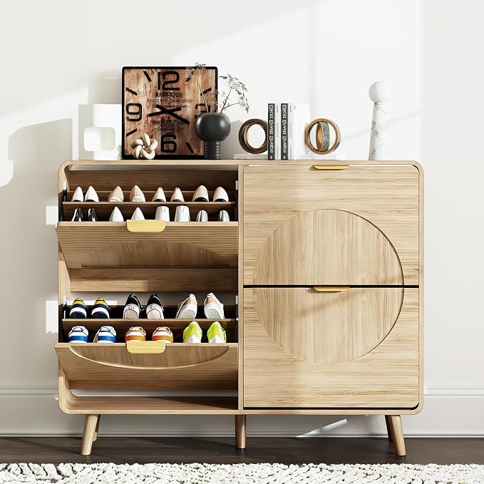 Shoe Storage Cabinet with 4 Flip Drawers for Entryway, 47.4" Freestanding Hidden Shoe Rack Cabinet, Narrow Shoe Organizer for Hallway, Foyer, Oak