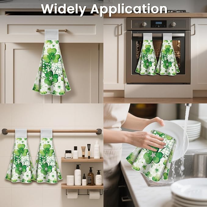CUTHOLLOW Clover Print Hanging Kitchen Towels with Loop, Set of 2 - Soft & Super Absorbent Microfiber Decorative Dish & Hand Towel, Tea, Coffee Towel for Kitchen Bathroom Oven Handle