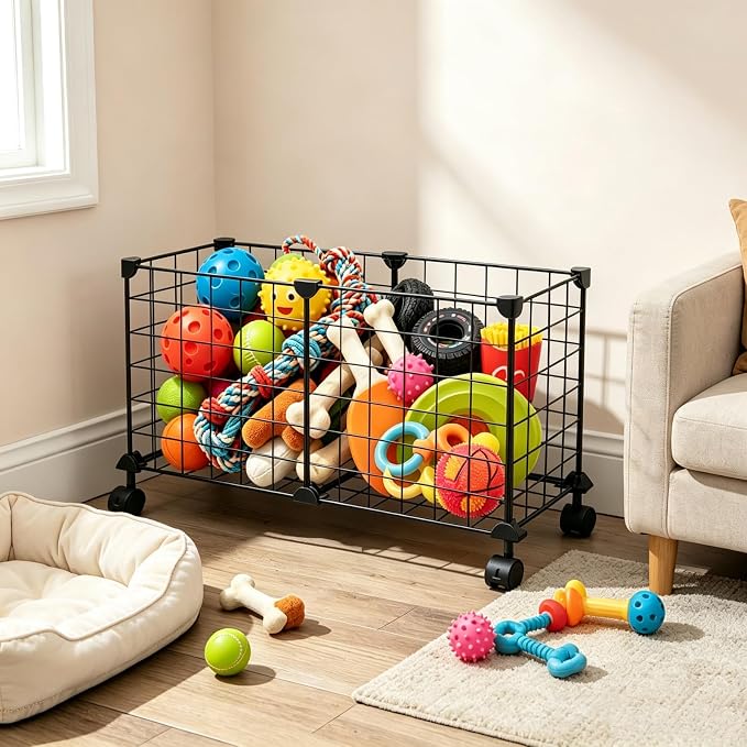 Indestructible X Large Dog Toy Basket with Wheels, Metal Dog Toys Holder for Cats, Heavy-Duty Storage Bin for Chew Toys & Blankets Pet Food Storage Box Organization, Chew-Proof Toy Organizer for Puppy