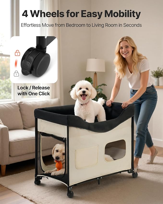 VEVOR Bedside Lounge Pet Bed, Foldable Bunk Dog Bed with 600D Oxford Cloth and Dutch Velvet, Portable Raised Cot with Wheels, Side Storage Bags, and Carry Bag for Cats & Dogs, XL, Beige