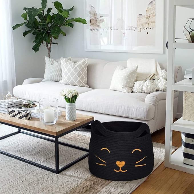 Large Woven Rope Cat Toy Basket with Cat Face Design, Black | 15.7" x 11.8" Toy Bin & Box for Living Room Nursery, Boho Storage Basket for Towels, Blankets, with Sturdy Handles
