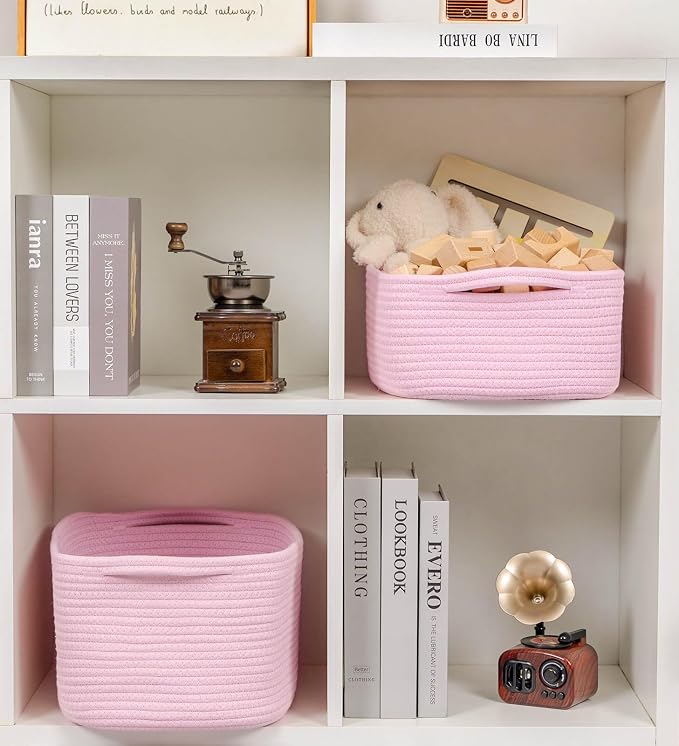 CubesLand Cute and Durable Small Cotton Rope Basket for Organizing | Woven Closet Storage Bin,Shelves Closet Storage Basket, Bathroom Storage Organizer Bin, Nursery Toy Basket Bin, Pink Basket