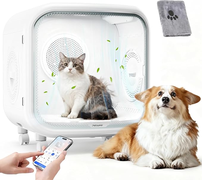 Upgrade 75L Large Automatic Cat Dryer Box with Pet Towel -360° Rapid Drying and APP Control, Smart Safe Temperature & Overheat Protection, Ultra-Quiet & Grooming Box for Cats and Small Dogs