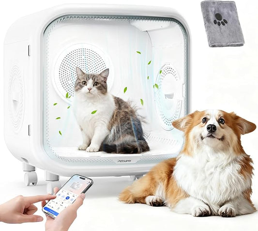 Upgrade 75L Large Automatic Cat Dryer Box with Pet Towel -360° Rapid Drying and APP Control, Smart Safe Temperature & Overheat Protection, Ultra-Quiet & Grooming Box for Cats and Small Dogs