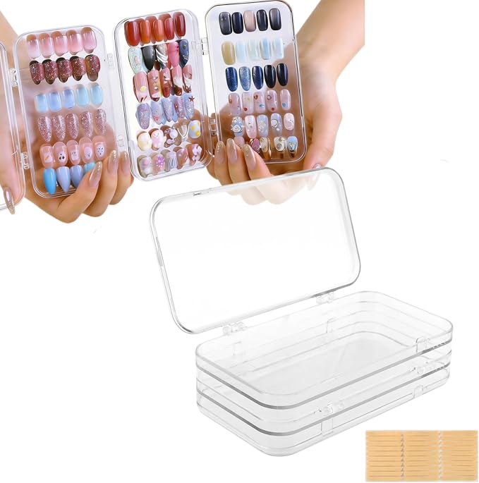 Tri-Fold Press on Nail Storage Box, Clear Organizer with Adhesive Tape | 4-Page design with 30 double sided tape sheets, PET plastic, travel portable case for fake nail art storage display