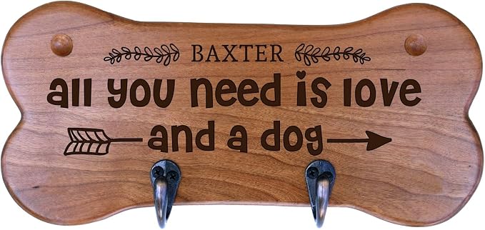 Rooms Organized Personalized Wall Mounted Small Cherry Dog Bone Pet Leash Rack,Dog Collar Holder New Home Decor Gift Ideas and 2 Hooks 11" L x 5.25" H 2.5" deep (All You Need)