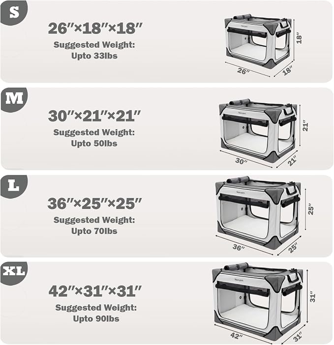 Collapsible Soft Dog Crate 36 Inch, Portable Travel Pet Crate for Large Dogs with 4-Door Mesh, Large Dog Kennel Indoor & Outdoor, Light Grey