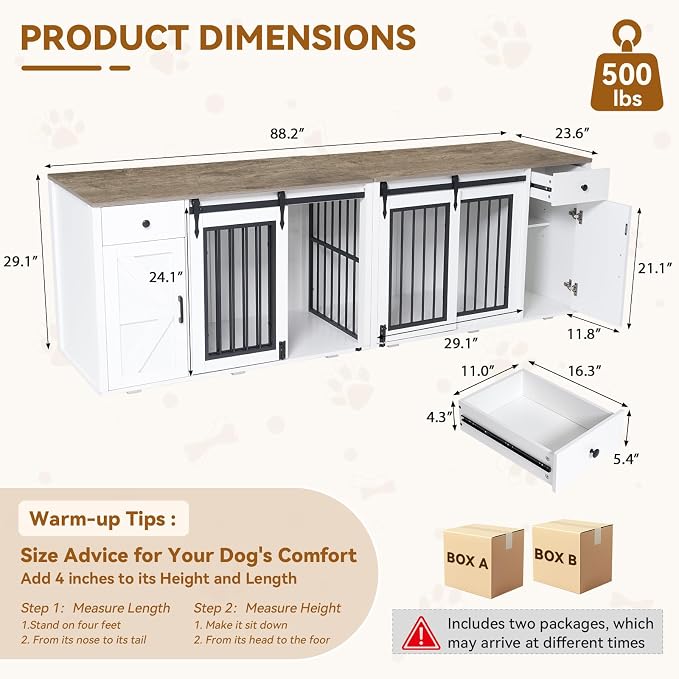 Verano Garden 88" Dog Crate Furniture, Dog Kennel Cage, White (88") | 2-in-1, Lockable, Decorative, Sliding Door, Removable Divider, Adjustable Shelf, Farmhouse, Heavy Duty, Small Medium Dogs