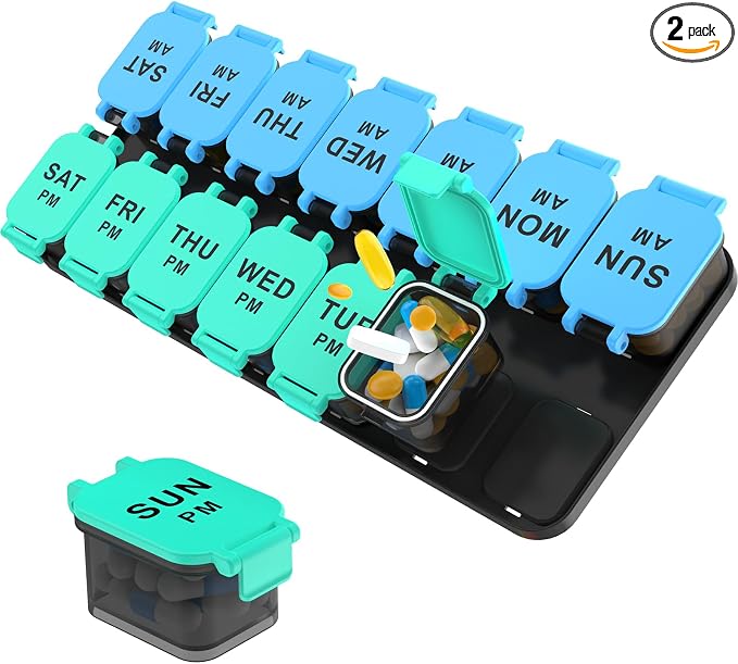 Yaklim Extra Large Weekly Pill Organizer, Detachable 7 Day AM PM Pill Box | XXL 14 Detachable AM PM Compartments；For Big Vitamins & Supplements； Easy to Open & Fill； Waterproof Seals； Easy Readability