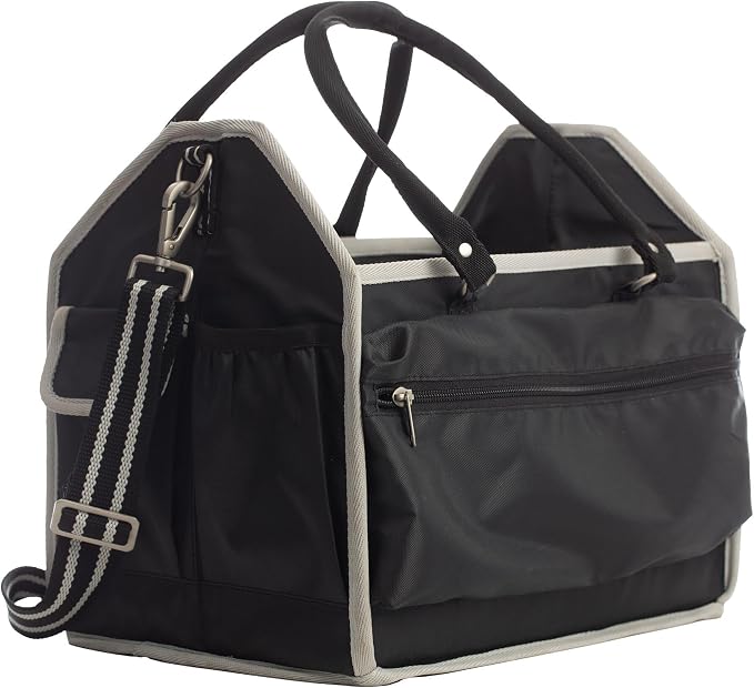Equinavia Darby Large Collapsible Grooming Tote Bag for Horses, Dogs, Cats | Organizer with Shoulder Strap | 9" x 13" x 12" - Black/Silver - One Size
