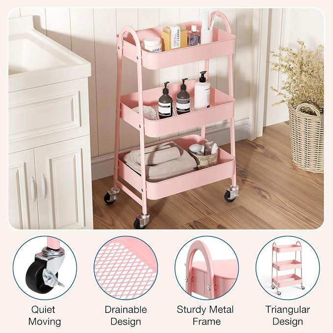 OLIXIS Metal 3 Tiers Rolling Storage Utility Cart with Lockable Wheels | Mobile Organizer Shelf, Space-Saving, Freestanding, Bathroom, Living Room, Slim, Narrow Corner Spaces, Pink