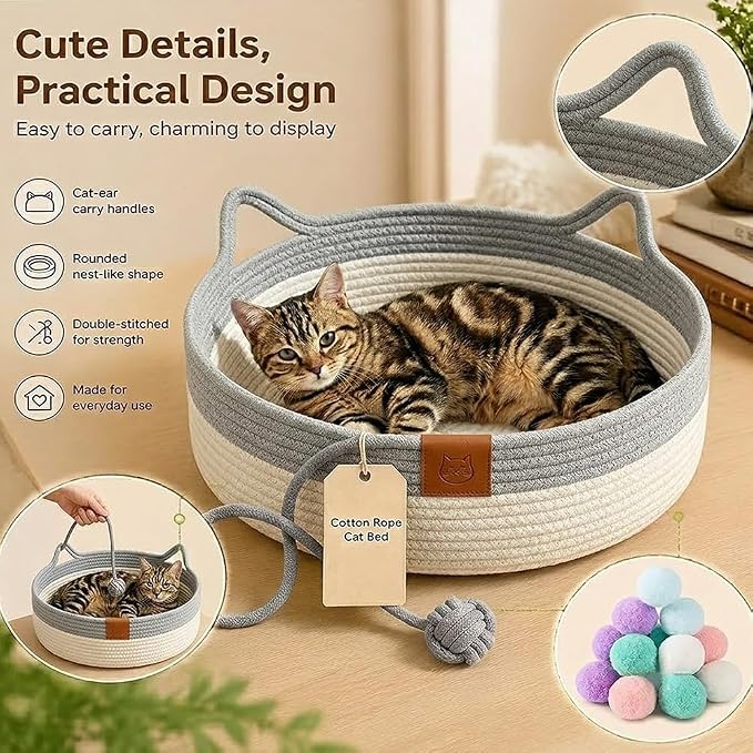 Instinct Basket for Cats,Cat Basket Bed with Cushion & Hanging Ball Toy,Handwoven Cotton Rope Cat Basket (Gray,L(up to 27Lb))