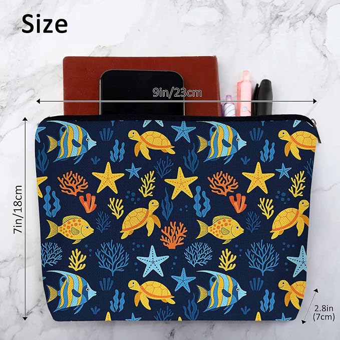 Sea Animal Makeup Bags Makeup Organizer, Ocean Sea Turtle Starfish Seaweed Flax Toiletry Bags Travel Cosmetic Bag Makeup Purse Pouch Skincare Bag Wallet Bags For Women Female Mom Daughter