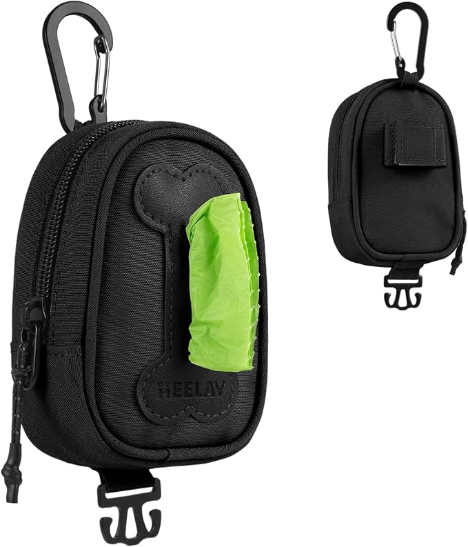 Dog Poop Bag Holder, Hands Free Cute Dog Poop Bag Dispenser for Leash with Big Opening Pet Waste Bag Holder Zippered Pouch with Carabiner Hook Waterproof Pet Poop Bag Holder Black