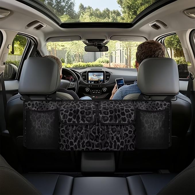 Dreaweet Black Leopard Print Trunk Organizer for Car Women Collapsible Car Trunk Organizer Storage for SUV Cheetah Car Accessories Car Rear Seat Back Storage Bag Multi Hanging Pocket Organizer