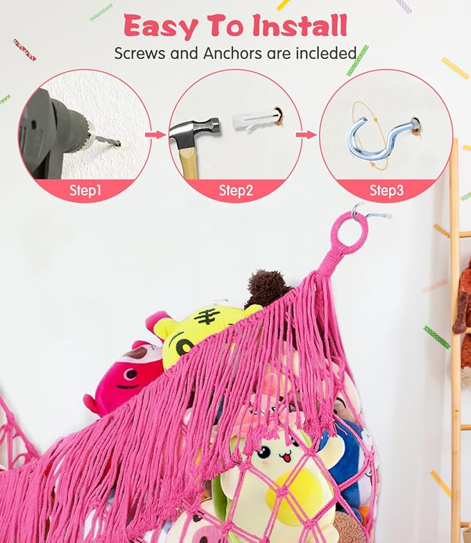 Stuffed Animal Hammock - Extra Large 63'' Long (Rose red) | Premium Cotton Hand-knitted, Beautiful Long Tassel, Storage Hanging Organizer, Can Fit Stuffed Animals 40 Piece or More