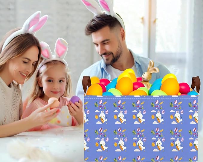 Large Rectangular Easter Baskets Empty Waterproof Boy Toy Box Foldable Kid's Gifts Storage Bin Spring Room Decor(Blue Rabbit Holding Carrot Egg)