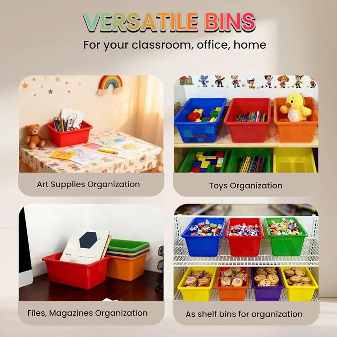 6 Pack Small Cubby Bins, Plastic Storage Containers for Classroom, Rainbow | Multi-Purpose Stackable Bin Organizer Storage Cubbies for Home, Playroom and Library, Shelf Bins, Book Bins