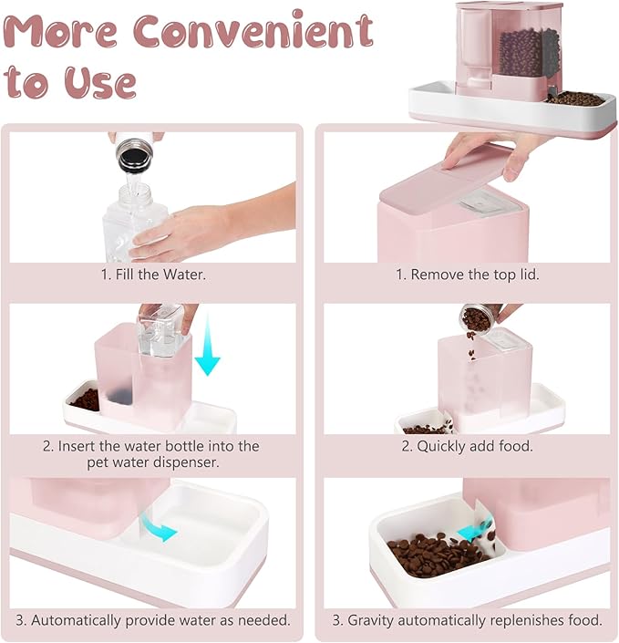 GearRoot Automatic Cat Feeder and Water Dispenser, 2 in 1 Gravity Pet Food Feeder and Water Dispenser Detachable Cat Food Dispenser for Small Dogs and Cats, Pink