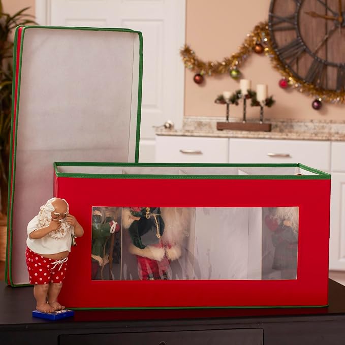 Household Essentials Holiday Figurine Storage Box, Windowed Storage with Lid, 8 Storage Compartments, Double Handles, Red with Green Trim