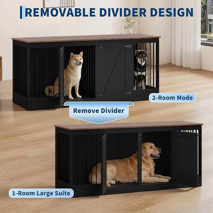Garvee 70.8" Double Dog Crate Furniture, Farmhouse Dog Crate TV Stand | Heavy Duty Wooden Dog Kennel with Removable Divider & 2 Lockable Doors, Easy Assembly