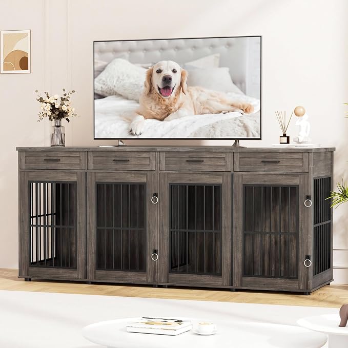 VOWNER 87" Dog Crate Furniture for 2 Dogs, Double Dog Cage Furniture, Grey | Extra Large Wooden Dog Kennel with 4 Drawer, Removable Divider, Furniture-Style TV Stand, XXL Dog Crate for Large Medium Dogs