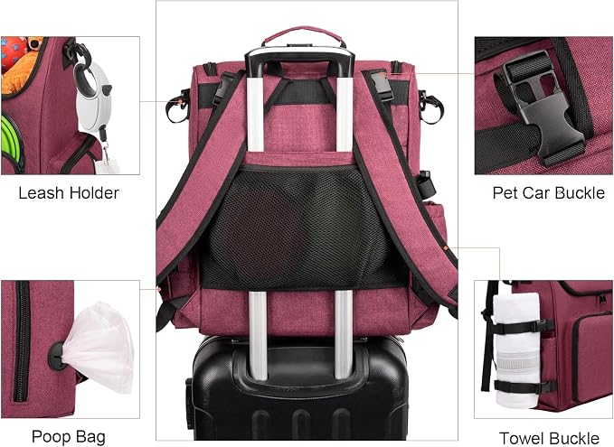 Modoker Multi-Compartment Dog Travel Backpack for Pet Supplies, Rose Red | Dog Travel Accessories Organizer with 2 Food Bags, 2 Bowls, Quick-Access Pockets, Tissue Opening, Luggage Sleeve, Feeding Mat